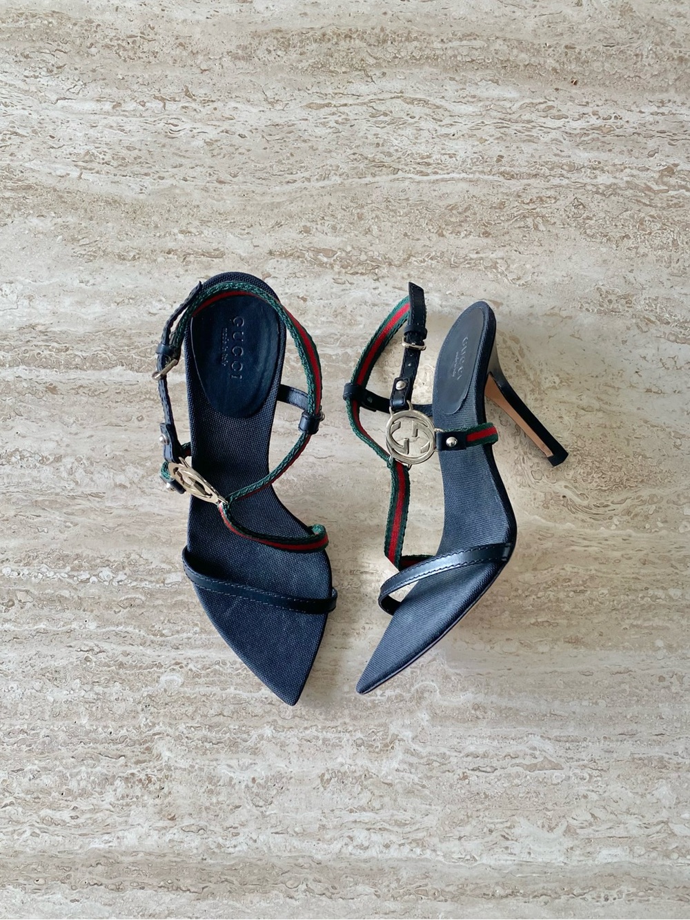 Vintage Gucci Tom Ford-era Silver GG Strappy Sandal Heels